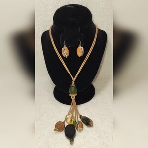 CATO Brown and Tan Beaded Corded Necklace and Drop Earrings Set / Pierced